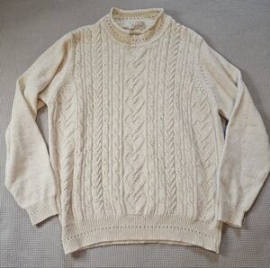 Studio Works | Vintage Roll Neck Pullover Heart Cable Knit Sweater Cream Large